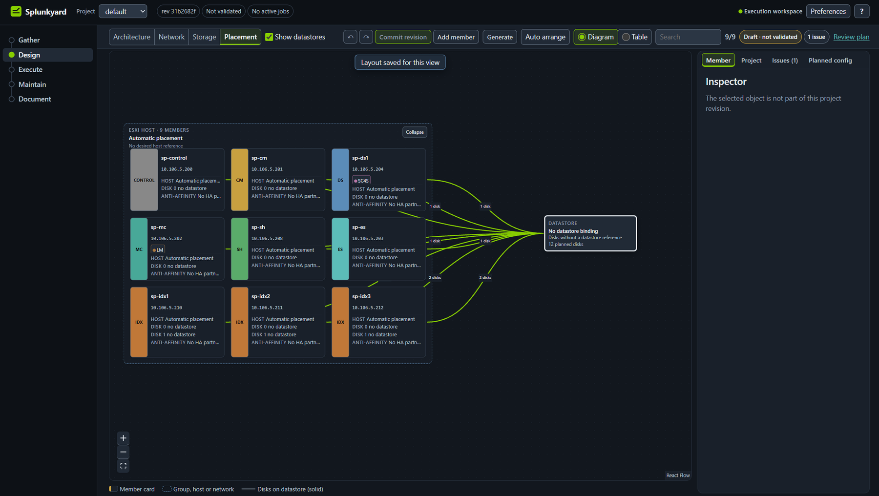 Design screen, Placement view: nine machines inside one VMware host, linked to a datastore.